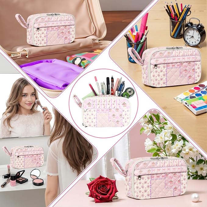 WOBAGMEN Quilted Pencil Pouch for Girls Women, Large Pencil Case Pouch with Compartments Cute Aesthetic Pencil Case Organizer, Floral Pencil Bag for School Supplies (pink pin)
