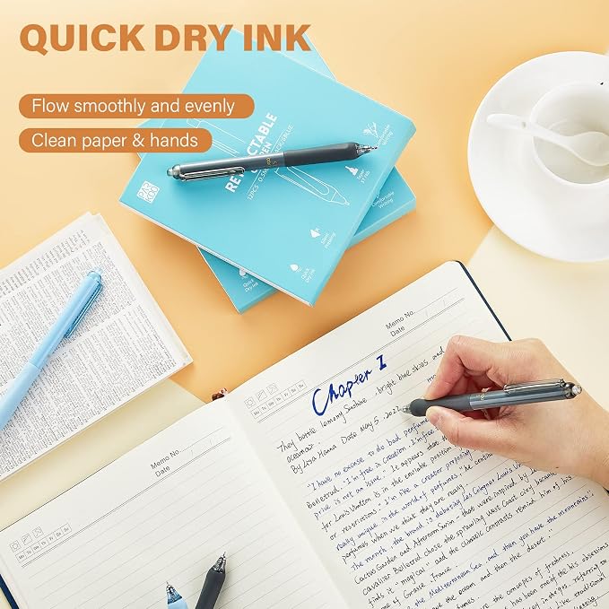 ParKoo Gel Pens, 12 Pcs 0.5mm Retractable Quick Dry Blue Ink Pens | Click Silent, Comfort Grip, Fine Point Smooth Writing Pens for Teachers, Nurses, Cute Stationery Office School Supplies