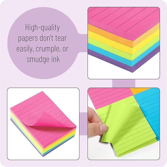 Mr. Pen- Lined Sticky Notes, 3" x 4", 6 Pads, 60 Sheets/Pad, Vibrant Color, Sticky Notes with Lines, Ruled Post Stickies, Memo Pads, Self-Stick Note Pad for Office, School, Home, Study