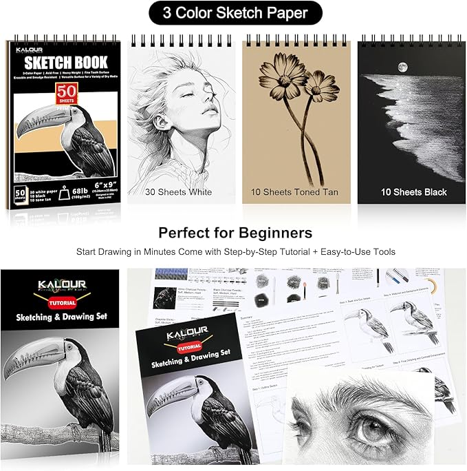 KALOUR PDAS 112 Drawing Set Sketch Kit, Pro Art Supplies with 3-Color Sketchbook, Graphite, Charcoal Pencils, Art Drawing Kit for Artists Adults Teens Beginners, Ideal for Shading & Blending