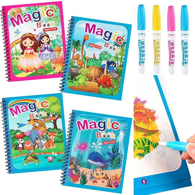 4 Pack Water Coloring Books, Reusable Water Painting Book Unicorn Dinosaur Animal Ocean Painting for Toddlers Educational Learning Kits for