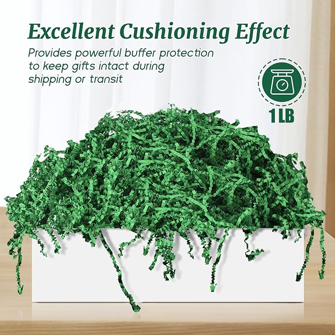 CANIYA 1 LB Green Crinkle Cut Paper Shred Filler, Shredded Paper Filling for Gift Basket, Filler Paper for Birthday, Wedding, Anniversaries