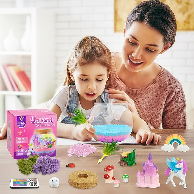 Light-Up Unicorn Terrarium Gifts, DIY Night Light Kit with Remote Control and 13 Lighting Colors, Night Light for Birthday, Children's Day, Halloween, Christmas or New Year Gifts for Girls Ages 5-10