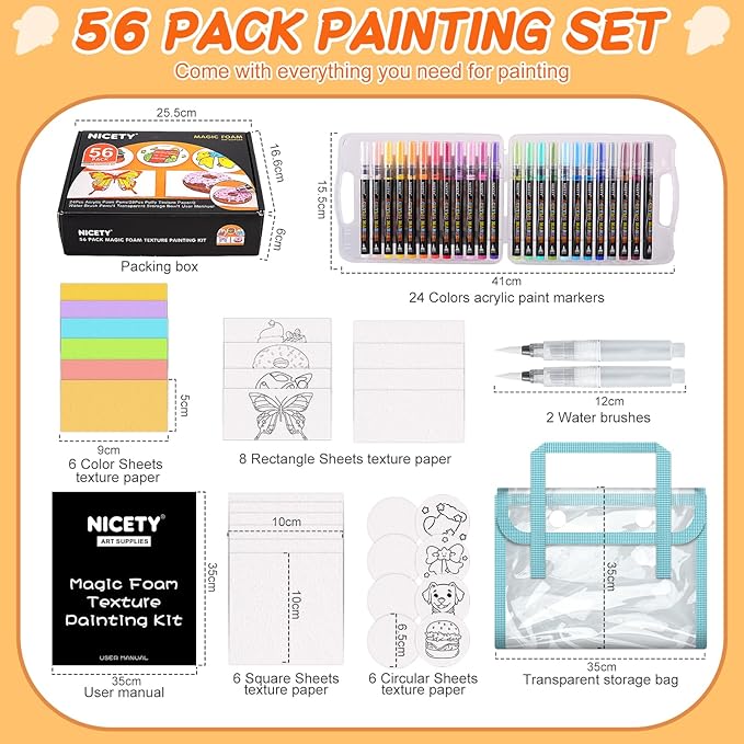 NICETY Magic Foam Texture Painting Kit, 56 Pack 3D Art Set with 24 Acrylic Paint Markers, 28 Puffy Texture Paper, 2 Water Brush Pens, Transparent Storage Box – Aqua Puffs Effect Magic Paint Set
