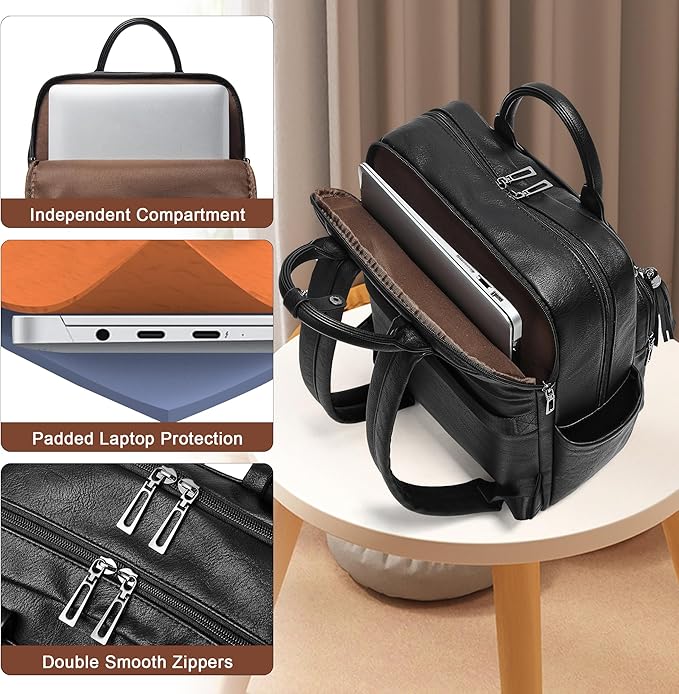 Shrrie Laptop Backpack for Women 15.6 inch Travel Leather Backpack Purse Work Computer Backpacks for Business College Black