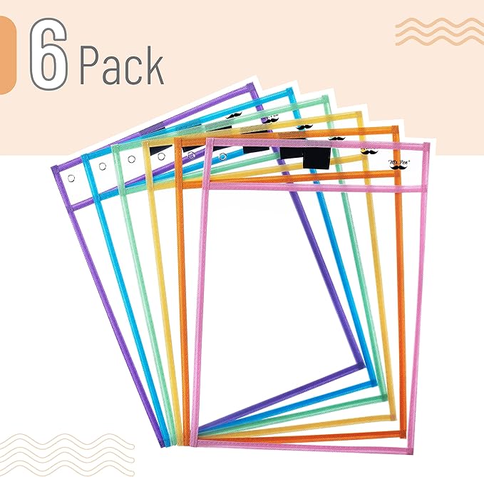 Mr. Pen- Reusable Dry Erase Pocket Sleeves, 10" x 14", 6 Pack, Pastel Colors, Clear Plastic Paper Sleeves, Ticket Holders, Clear Plastic Sheet Protectors, Teacher, School, Classroom Supplies