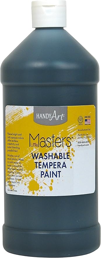 Handy Art Little Masters Washable Tempera Paint, Black, 32 oz Bottle, Bright & Mixable, High Opacity, Washable Colors for Classroom, Students, Kids, Young Artists, Safe & Non-Toxic, Made in USA