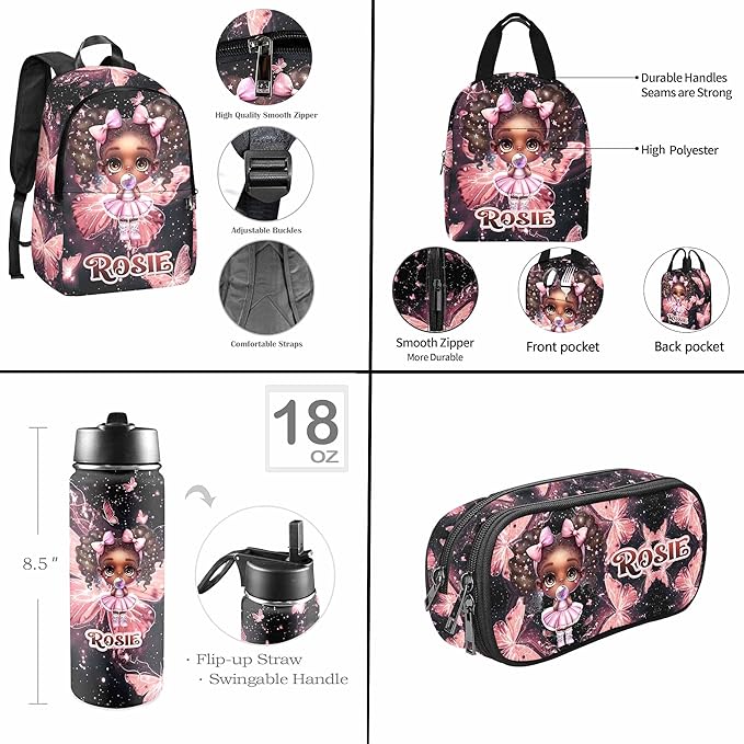 M YESCUSTOM Personalized Girls Backpack Lunch Bag Colorful Kids Backpack for Elementary Preschool School, Waterproof Daypack Back Pack for Girls Cute Travel Bag Water Bottle