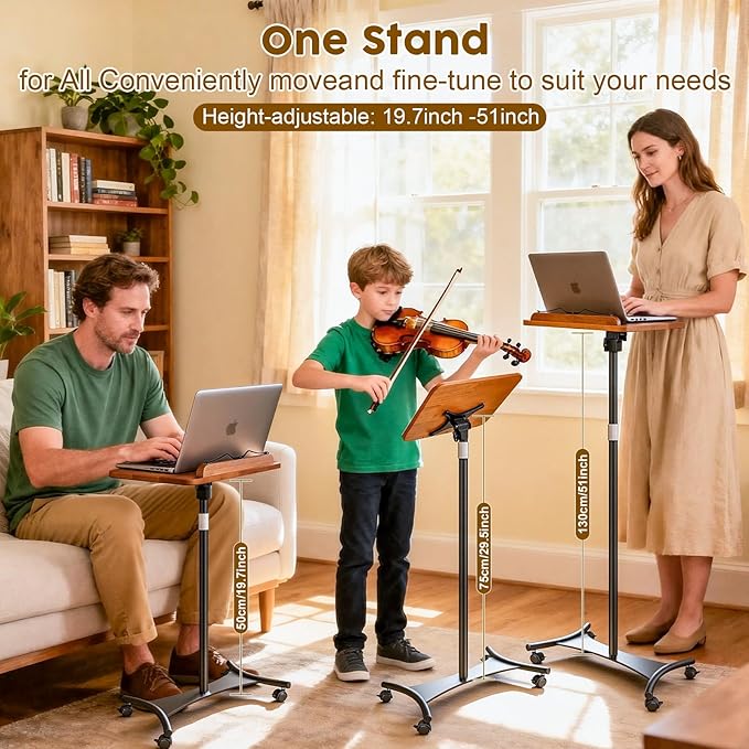 2 in 1 Dual-use Music Stand & Desktop Book Stand, Adjustable Height 16.5"-51", 100% Solid Wood Laptop Floor Stand Book Holder with Elastic Page Clips for Cookbooks, Sheet Music (Brown-Wheeled)
