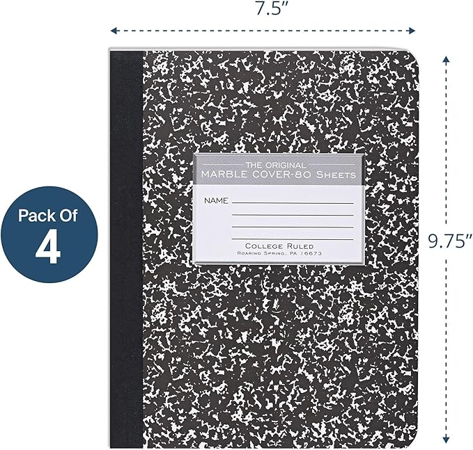 ROARING SPRING Hard Cover Composition Notebook, 4 Pack, Black Marble Comp Book, 9.75″ x 7.5″, College-Ruled with Margin, 80 Sheets (160 Pages), Made in USA