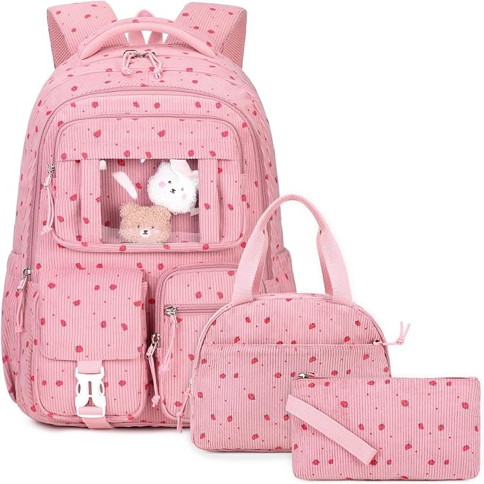 PIG PIG GIRL Corduroy Backpack 3PCS Kids Backpack for Girls School Bags for Middle School Students Book Bag for Elementary Primary Kawaii Ita Backpack with Lunch Box Pencil Case Set, Pink Strawberry