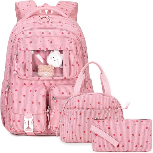 PIG PIG GIRL Corduroy Backpack 3PCS Kids Backpack for Girls School Bags for Middle School Students Book Bag for Elementary Primary Kawaii Ita Backpack with Lunch Box Pencil Case Set, Pink Strawberry