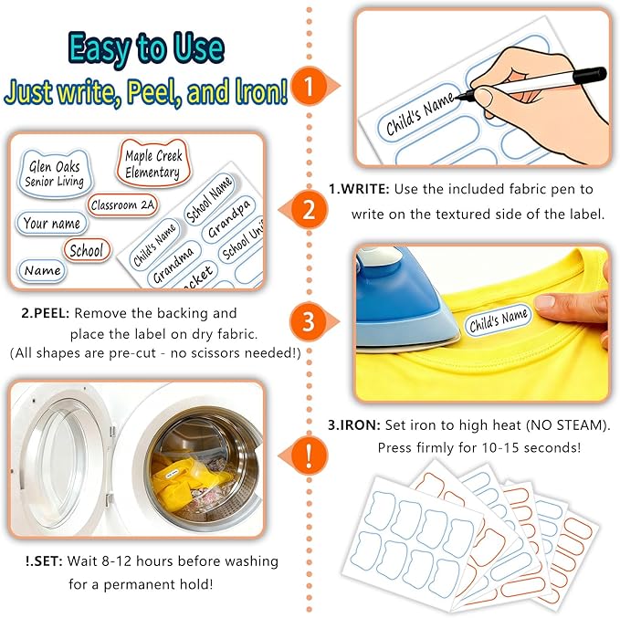 Washable Iron-On Fabric Labels(110 Pcs) with Pen | 3 Shapes & 2 Colors for Kids, Nursing Home, Daycare