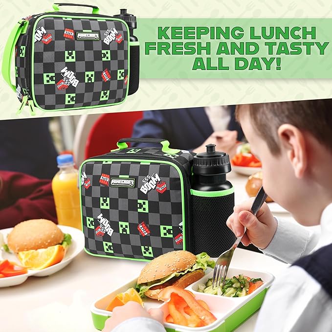 Minecraft Insulated Lunch Bag for Kids Creeper Lunchbox for Boys School Supplies Food Carrier Snacks Picnic Beach Days Travel Gamer Gifts for Kids (Black/Green)