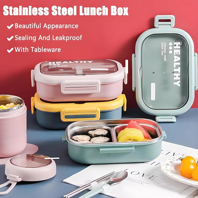 Stainless Steel Lunch Box, 2 Compartment Bento Box for Adults, Easy to Clean, Leak-Proof Design, Food Storage Container with Tableware for Family, Work, Picnics and Travel(800ml, Green)