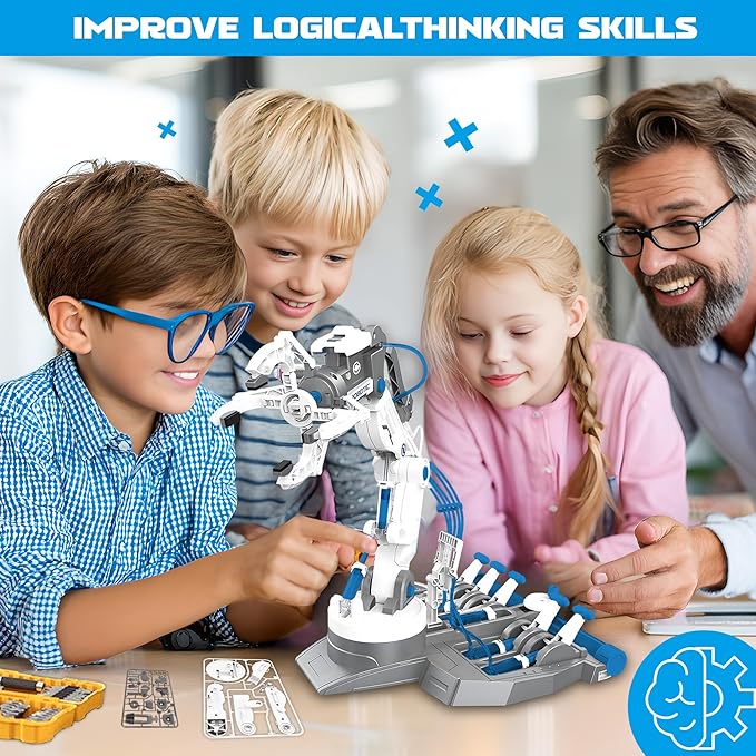 SMIESSKIDDO 3 in 1 Hydraulic Robot Arm - 220 Pcs STEM Building Toys with 4-Jaw Grab, Suction & Tongs for Kids 8-12 | No Batteries Needed Engineering Gift for Boys & Girls Ages 9 10 11 - White