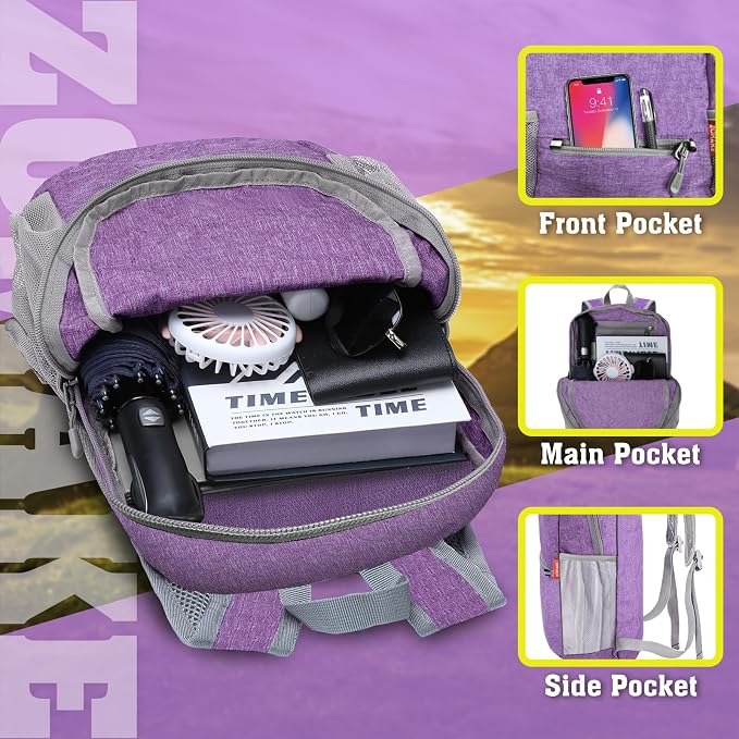 ZOMAKE Lightweight Packable Backpack, 10L Small Foldable Daypack for Hiking | Water Resistant Collapsible Backpacks for Women Men,Everyday Carry,Multi Compartment Storage,Adjustable Strap(Light PurpleA5)