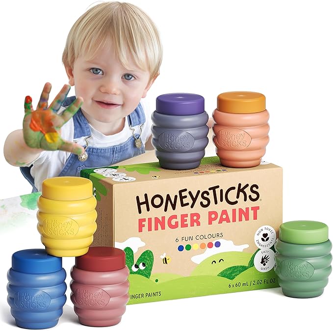Honeysticks Non Toxic Finger Paint (6 Bright Colors), Washable from Skin, Safe Finger Painting for Toddlers, Kids Ages 1-3, 2-4, 3-5, Perfect First Paint for Little Artists Age 1+, Water Based, Eco