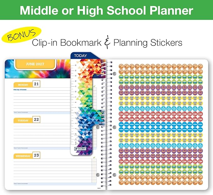 Global Datebooks 2026-2027 Middle & High School Student Planner 8.5" x 11" - Dated Weekly & Monthly Academic Planner with Ruler/Bookmark & Stickers, Ideal for Homework, Block Style, Galaxy