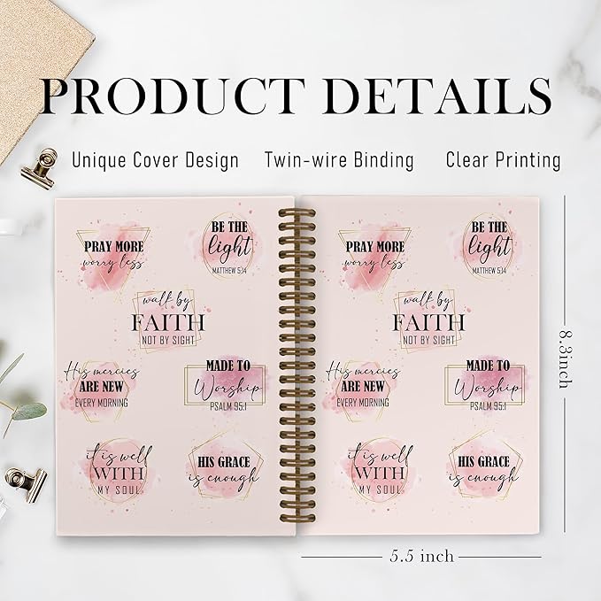 Pink Bible Spiral Notebook, Christian Journal Notebook, Walk by Faith Journal, Christian Faith Notebooks for School Work, Pink Bible Office Supplies Gifts for Women Girls, 5.5x8.3 Inch