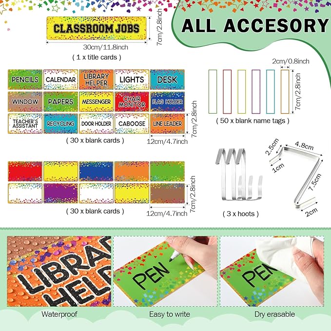 Qeeenar Classroom Jobs Pocket Chart with 96 Cards and 3 Hooks Class Management Educational Schedule for Teacher Back to School Supplies(Confetti)