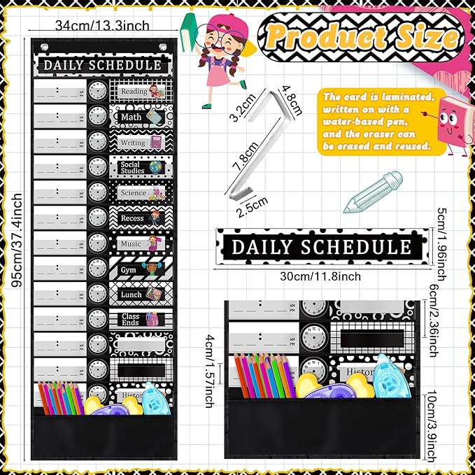 Chiisong Daily Schedule Pocket Chart, Boho 14+1 Pocket, with 40 Pcs Reusable Dry Eraser Cards Calendar for Classroom Toddler Schedule Chart Office Home Activity(Classic Style)