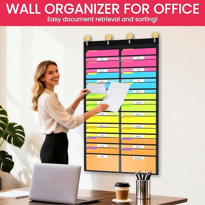 Clear Storage Pocket Chart for Classroom & Office with 20 Nametag Pockets, 4 Overdoor Hangers Included, Hanging Wall File Organizer for File Folders, Assignments, Files, Scrapbook Papers & More
