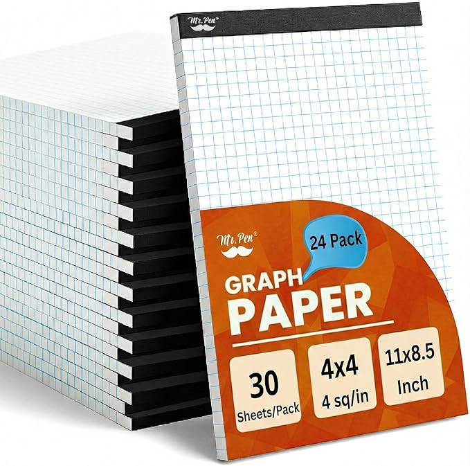 Mr. Pen- Graph Paper, 24 Pack, 30 Sheets/Pack, 8.5"x11", 4x4 (4 Squares Per Inch), Math Graph Paper Pad, Computation Pads
