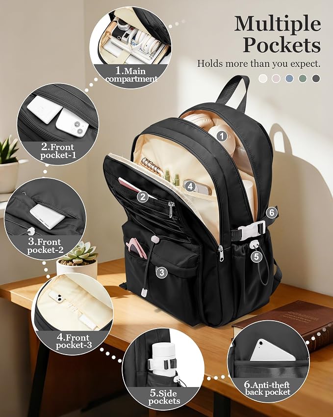suwasp College Backpack for Women, Waterproof Laptop Backpack Fits 15.6 Inch Laptop, School Bookbag with Water Bottle Pocket, Anti Theft Work Backpack for College, Travel, Commuter, Black