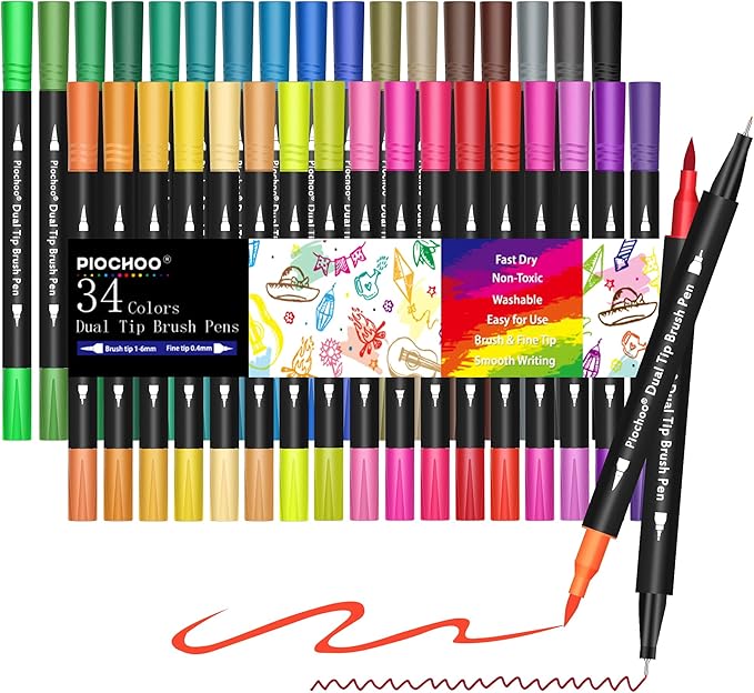 Piochoo Coloring Markers Pens, 34 Dual Tip Brush Pens, Fine Point Marker set for Adult Coloring Book, Bullet Journaling, Drawing