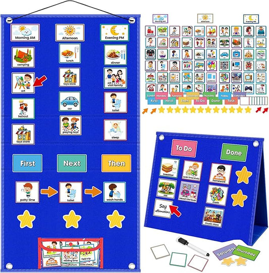 ALSLEA Large Visual Schedule for Kids with Autism Chore Chart for Kids Daily Routine Chart Autism Learning Materials Toddler Planning Board Visual Schedule for Classroom, Home with 124 Cards (Blue)