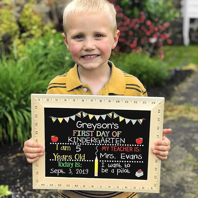 First Day of School Sign (15"x11.5"), Reusable Chalkboard, Easy-to-Clean with Real Wooden Ruler Frame, Handmade in USA by Bloom Owl, Perfect Back to School Chalkboard Sign, First and Last Day