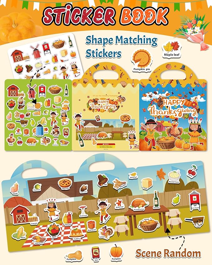 Benresive Reusable Sticker Book for Toddlers, Travel Stickers for Kids, Toddler Crafts Activities Toys, Birthday Gifts for Boys & Girls - Thanksgiving