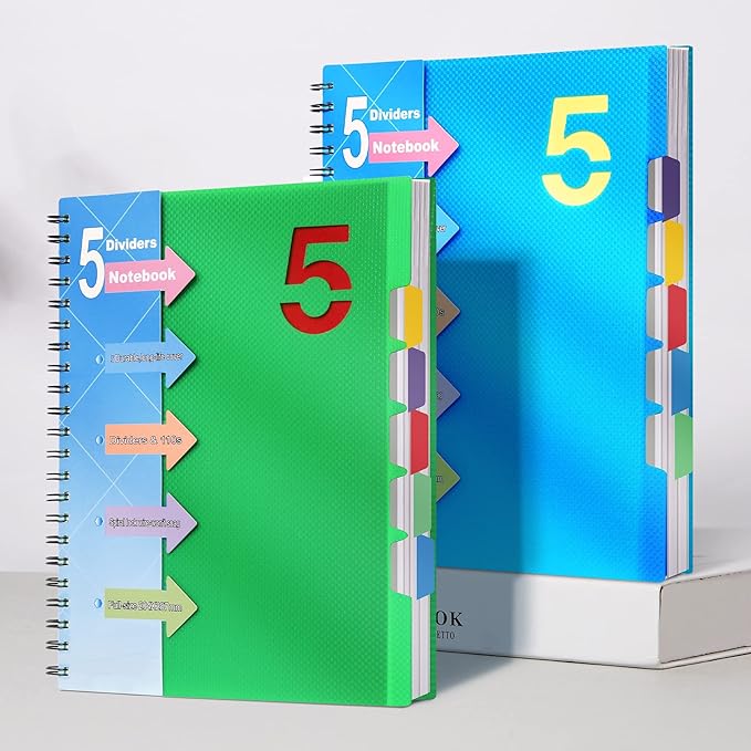 CAGIE Spiral Notebook 8.5 x 11 with Dividers 5 Subject Notebook with Tabs Wide Ruled A4 Spiral Bound Journal for Note Taking Work School Supplies, 220 Pages, Green