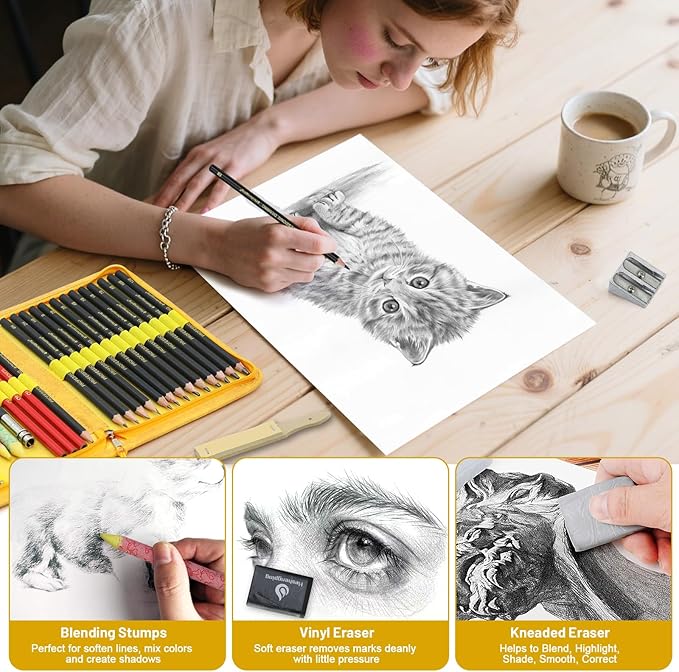 Heshengping Sketching and Drawing Pencils Set 26pcs, Art Supplies Drawing pencil Kit,Graphite Charcoal Professional Pencils Set, Adults Beginners Artist