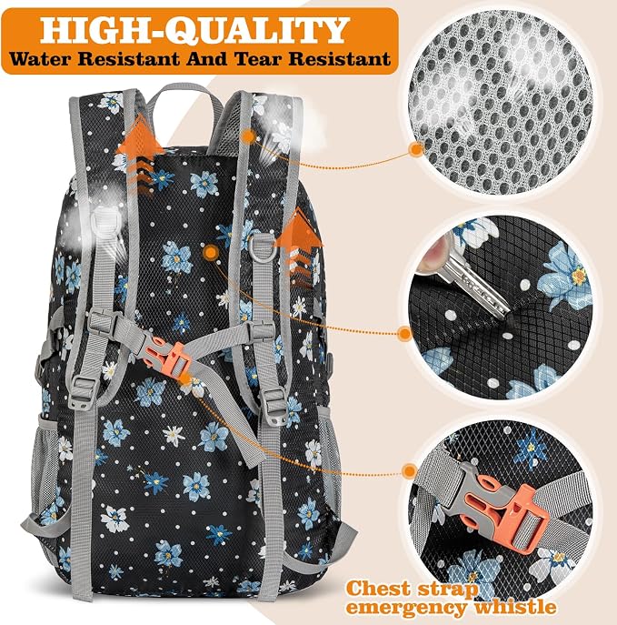 ZOMAKE Lightweight Packable Backpack 30L, Foldable Travel Hiking Daypack | Water Resistant Collapsible Backpacks, Folding Day Pack for Outdoor Camping Sport, Everyday Carry(Black,Floral pattern)