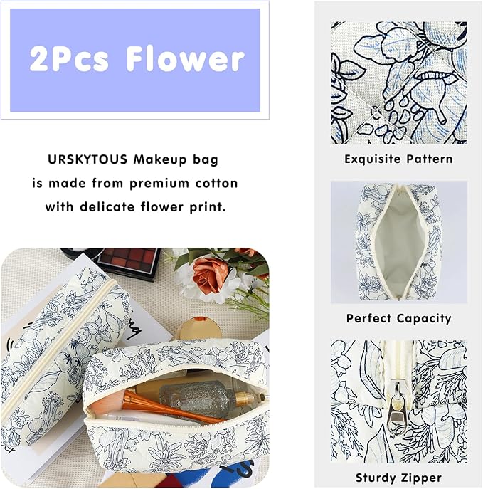URSKYTOUS 2Pcs Floral Makeup Bag for Women Cotton Quilted Coquette Cosmetic Bag Cute Zipper Black Flower Makeup Pouch Aesthetic Portable Pencil Pouch Travel Toiletry Bag Trendy Cloth Skincare Bag