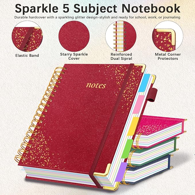 Hardcover Spiral Notebook with Removable Dividers & Tabs, 8.5"x11" 5 Subject Notebooks for Work, 300 Pages College Ruled Notebook, A4 Sparkle Lined Journal for Women Girls Note-Taking (Wine Red)