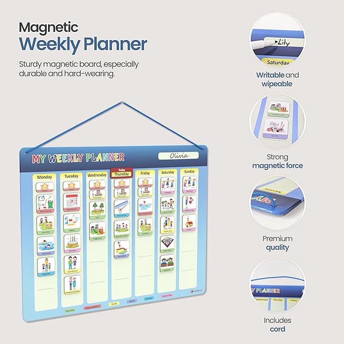 LIKARTO® Weekly Planner for Children - Montessori Magnetic Board incl 194 Magnets & Cord - Fully Writable & Wipeable - Encourages Independence