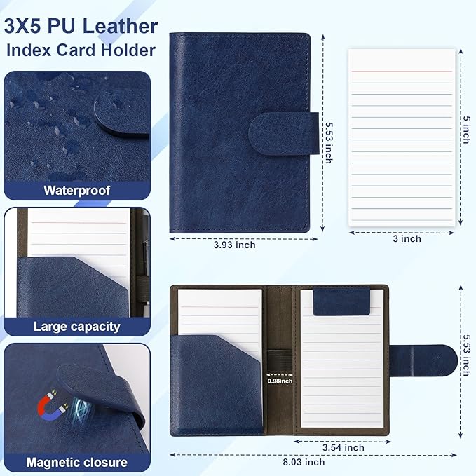 Blue Index Card Holder PU Leather 3x5 Note Card Holder Wallet Portable Pocket Notepad with Pen Holder Magnetic Index Card Case with Card Solt 20 Pcs Ruled Note Cards For Record Meetings (No Pen)