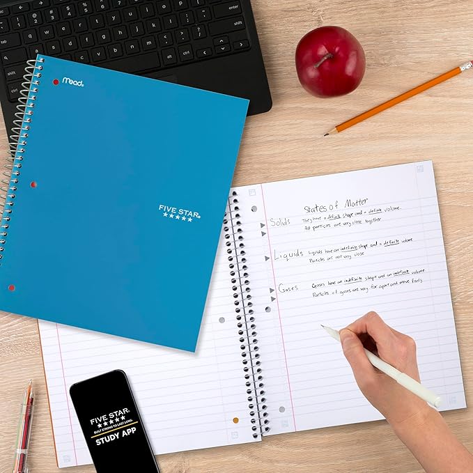 Five Star Spiral Notebook + Study App, 5 Subject, Wide Ruled Paper, 8" x 10-1/2", 200 Sheets, Fights Ink Bleed, Water Resistant Cover, Tidewater Blue (73196)
