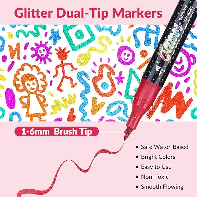 KEMYR Glitter Effect Brush Markers Pens,48 Colors Dual Tip Glitter Pens Set 24 Pack Metallic Sparkle Markers for Cards, DIY Crafts, Doodle, Writing, Adults Coloring Books, Art Supplies Scrapbooking