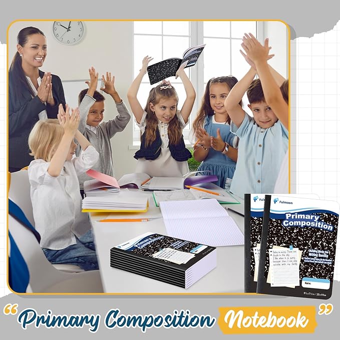 Fulmoon 24 Pack Primary Composition Notebook,Grade K-2 Journal Wide 3 Line Ruled,80 Pages,Marble Cover,7-1/2" x 9-3/4" Primary Writing Notebook for Kindergarten Preschool,1st 2nd Grad (Black Color)
