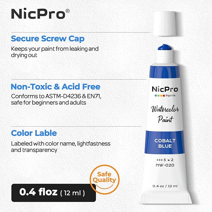 Nicpro Watercolor Paint Set for Adults, 36 Colors Watercolor Tube Set (12ml, 0.4oz), High Pigment Travel Water Color Painting Supplies for Artists Beginners, Color Wheel & Swatch Cards Included