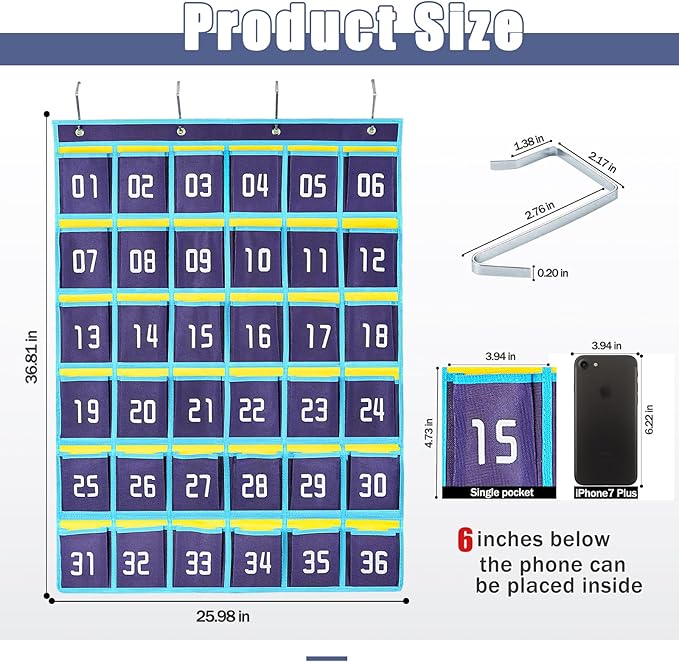 Loghot Classroom Accessories Closet Pocket Chart for Cell Phones Holder Wall Door Hanging Organizer (36 Pockets Blue)