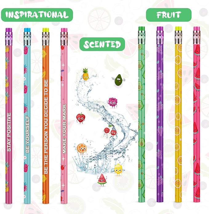 Leinuosen 300 Pcs Scented Pencils Bulk for Kids Inspirational Cute Fun Wood Smelly Pencils with Erasers Fruit Elements for School Classroom Office Students