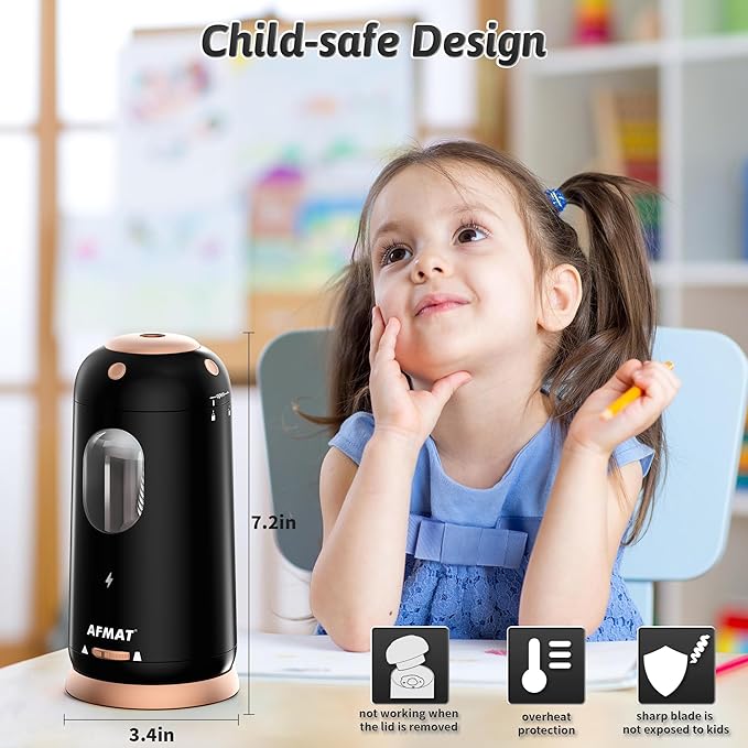 AFMAT Electric Pencil Sharpener, Auto in & Out, Fully Automatic Pencil Sharpener, Rechargeable Hands-Free Sharpeners for Jumbo & Colored Pencils (7-11.5mm), Good for Classroom/Home/Office PSC8(Black)