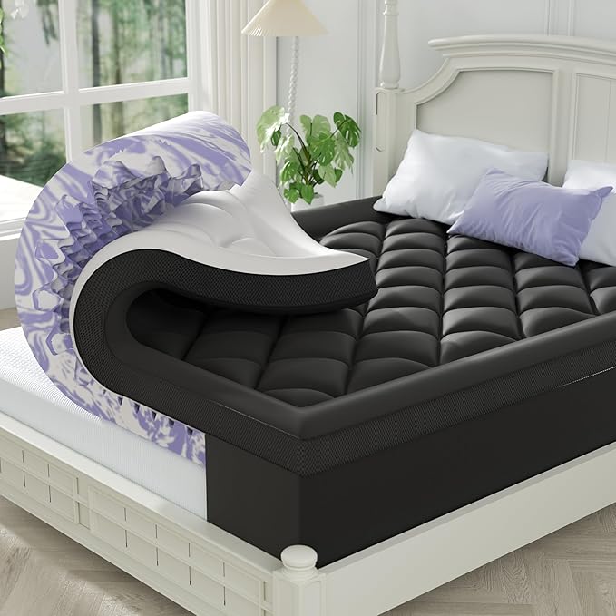 ChiXpace Dual Layer 4 Inch Memory Foam Mattress Topper Twin | 2 Inch Gel Memory Foam and 2 Inch Pillow Top Mattress Pad Cover, 7-Zone Egg Crate & 2-in-1 Design (Black-White)