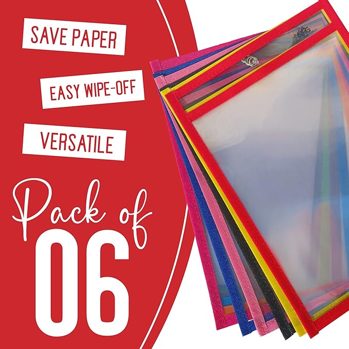 6 Packs Oversized Dry Erase Pockets Sleeves Reusable - 10x14 Dry Erase Sheets Ticket Holders 6 Assorted Colors with Binder Ring, Clear Plastic Sheet Protectors, Teacher School Classroom Supplies