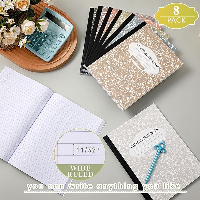 Colarr 8 Pack Composition Notebook 9.75 x 7.5 Inch Wide Ruled Marble Paper Composition Books Assorted Fun Colors Office School Notebook, Hard Cover, Sturdy Sewn Binding (Multi Color)